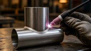 clean TIG weld bead on brushed 316L stainless steel pipe joint